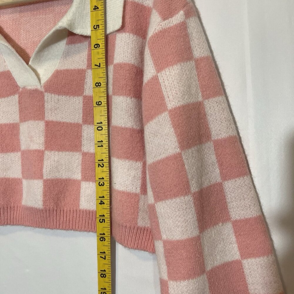 Cider Women's Crop Sweater Pink Checkerboard Small Size  Long Sleeves - Picture 5 of 7